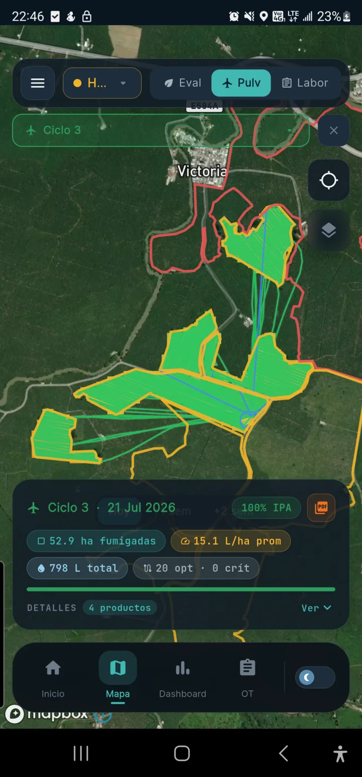 Reporte de un ciclo de pulverización en SolviApp: hectáreas fumigadas, litros y productos